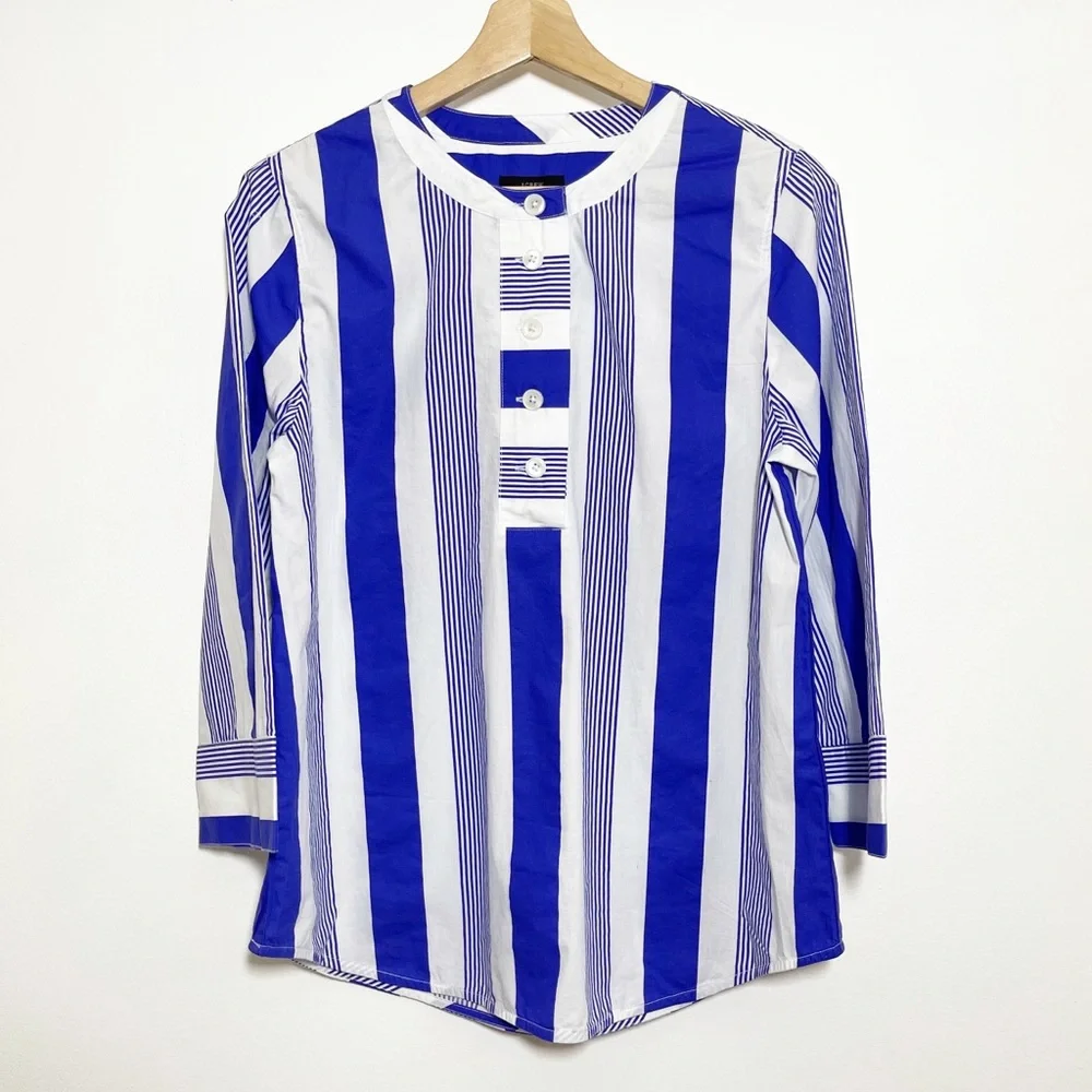 NWT J Crew Striped Tunic Top 3/4 Wide Sleeves Half Button Blue White Sz XS